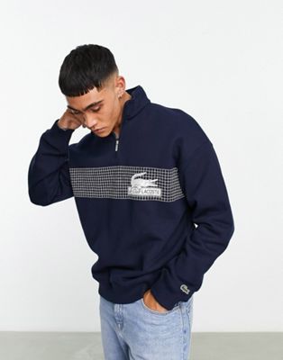 Lacoste loose fit 1/4 zip sweatshirt in navy with front graphics - ASOS Price Checker