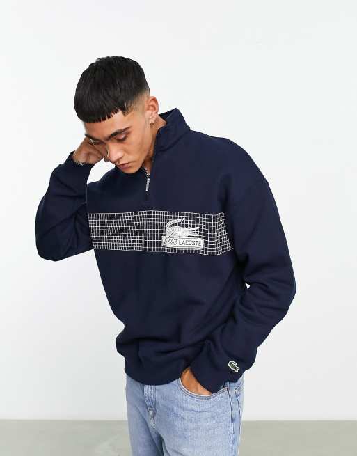 Lacoste Sweat ample col zipp et motifs sur le devant Bleu marine