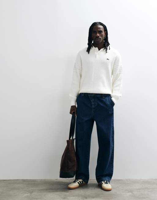 Lacoste sweter polo o warkoczowym splocie w kolorze kremowym, 3 z 5