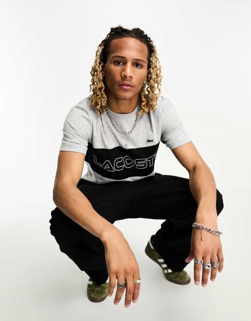 Lacoste – Szary melanżowy T-shirt z blokami kolorów, 3 z 4
