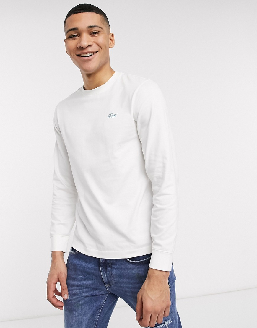 Lacoste - T-shirt a maniche lunghe con logo riflettente sul retro in cotone Pima bianca-Bianco