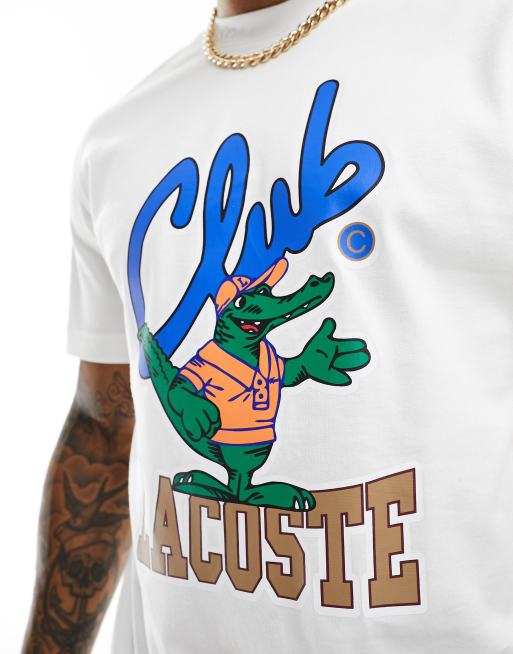 Lacoste T shirt avec inscriptions et imprime retro a l avant Blanc casse ASOS