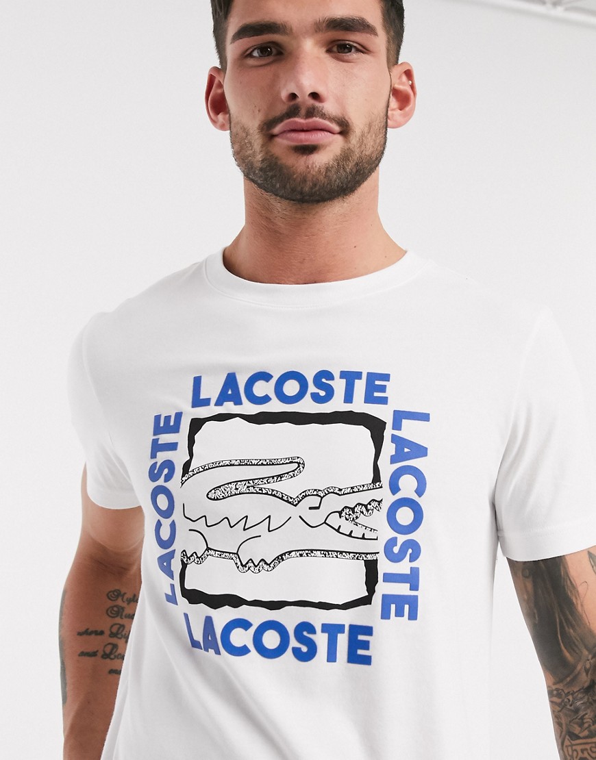 Lacoste - T-shirt con grande logo quadrato con coccodrillo sul petto bianca-Bianco