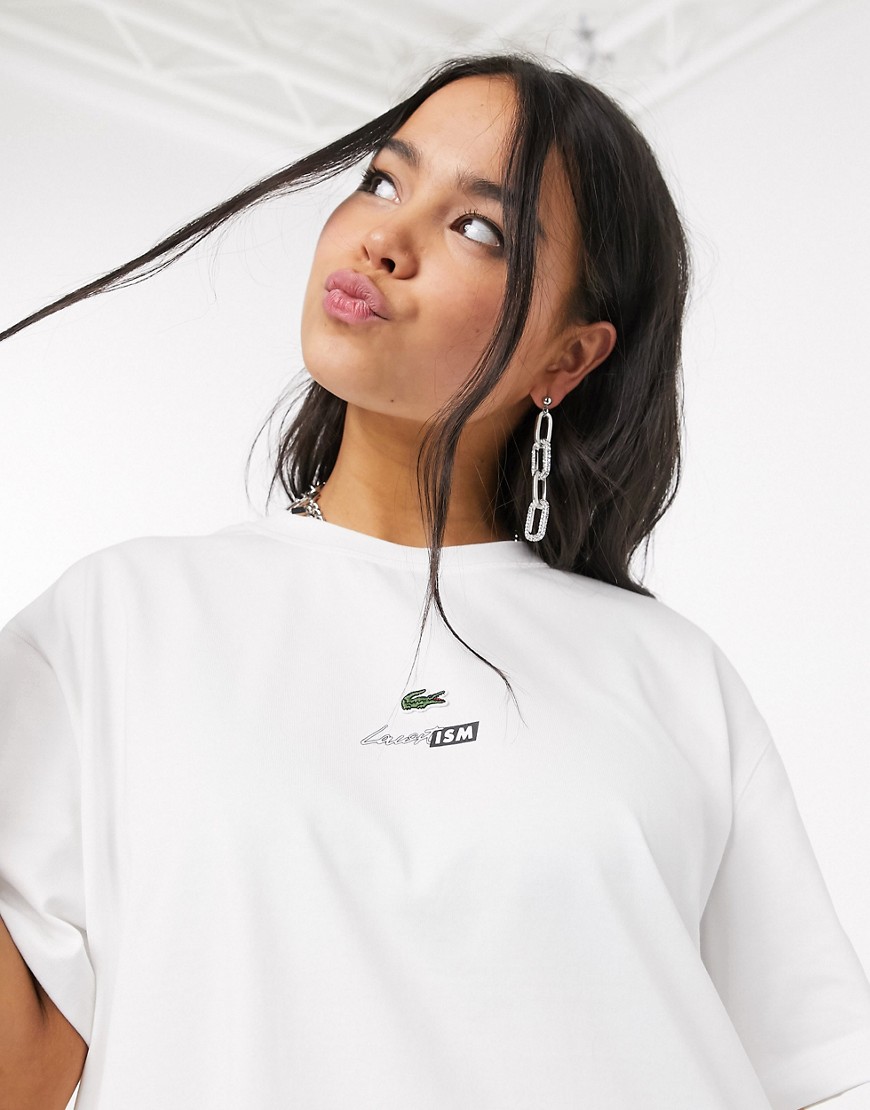 Lacoste - T-shirt con logo coccodrillo squadrata bianca-Bianco