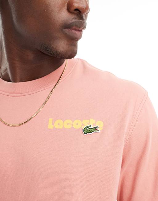 Lacoste - T-shirt délavé à manches courtes et imprimé dans le dos - Rouge, 3 de 4