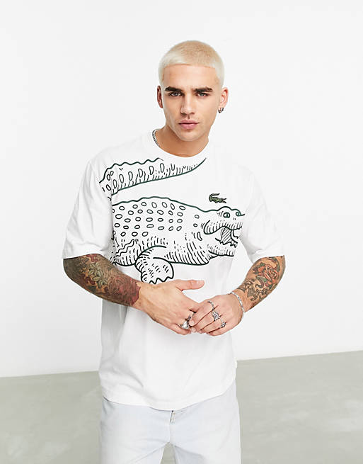 Lacoste – T-Shirt in Weiß mit lockerem Schnitt und großem Krokodilprint |  ASOS