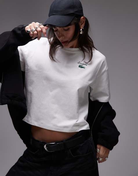 Lacoste - T-shirt oversize taglio corto bianca con logo stampato - view 1