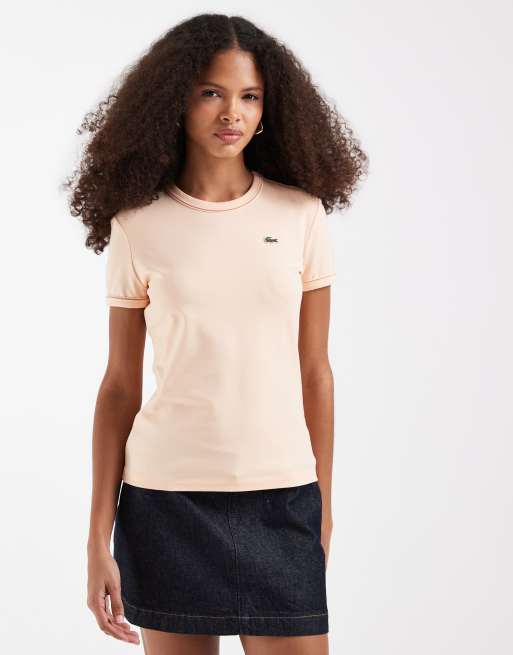 Lacoste - T-shirt slim color pesca con bordi a contrasto, 3 di 4