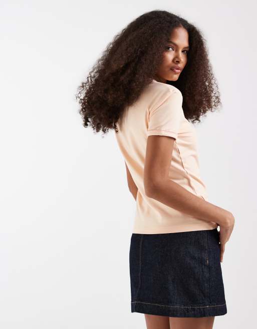 Lacoste - T-shirt slim color pesca con bordi a contrasto, 4 di 4