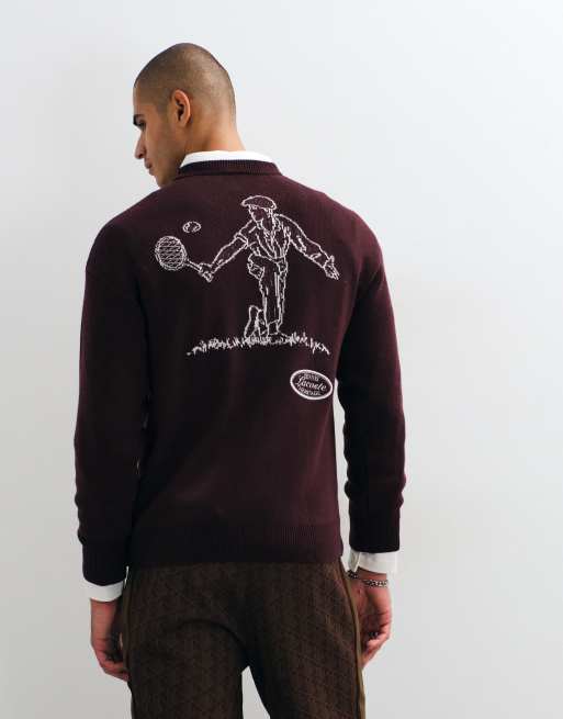 Lacoste tennis heritage back graphic jaquard wool blend crew neck sweater in burgundy , 1 of 5