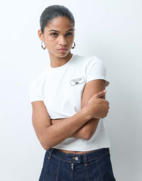 Lacoste tennis heritage badge accent rib t-shirt in white - view 1