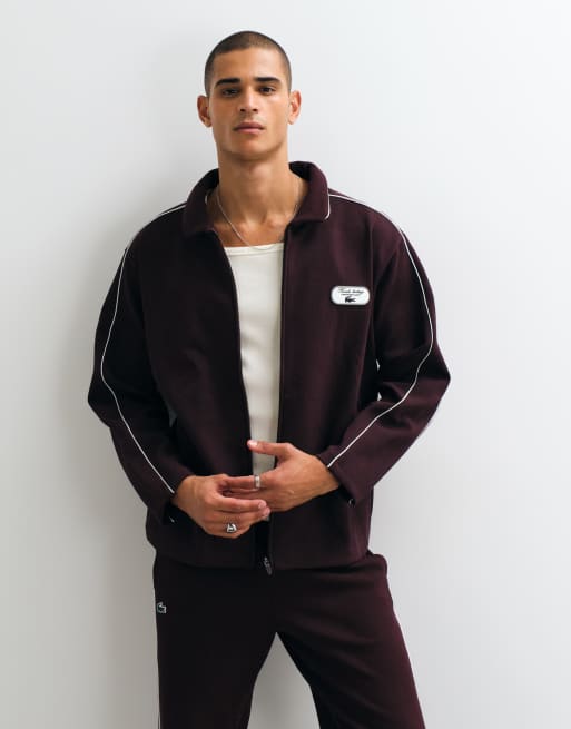 Lacoste tennis heritage badge accent zip up pique sweatshirt in burgundy, 1 of 5