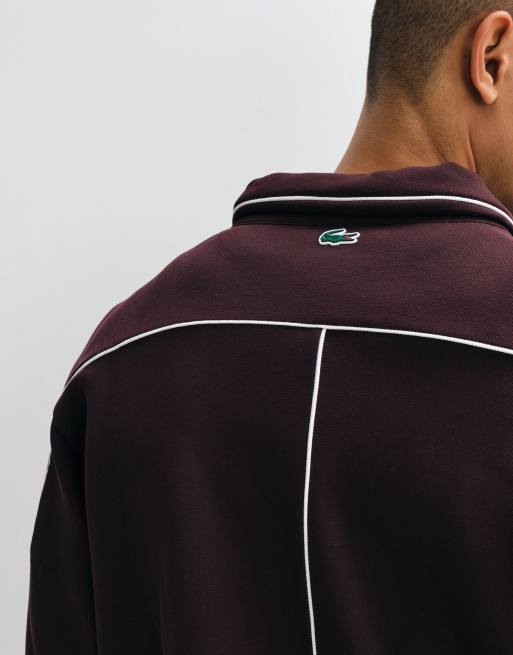 Lacoste tennis heritage badge accent zip up pique sweatshirt in burgundy, 2 of 5