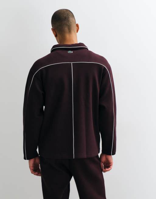 Lacoste tennis heritage badge accent zip up pique sweatshirt in burgundy, 3 of 5