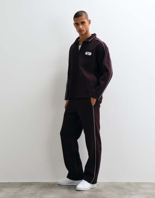Lacoste tennis heritage badge accent zip up pique sweatshirt in burgundy, 5 of 5