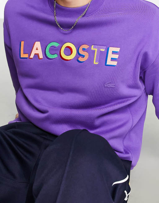 Lacoste text logo crew neck sweatshirt in purple ASOS