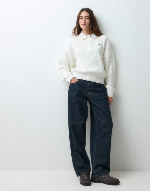 Lacoste texture detail cotton knit polo in cream, 2 of 5