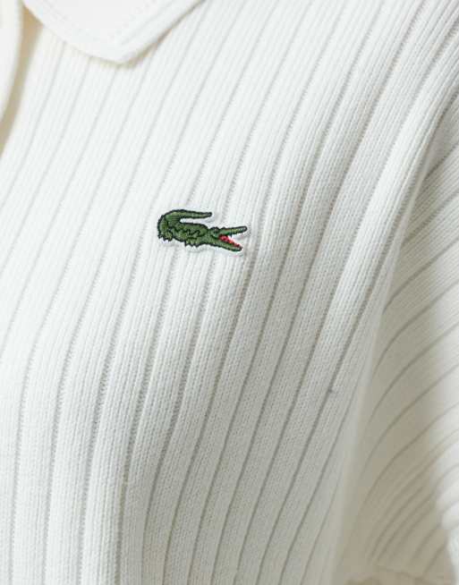 Lacoste texture detail cotton knit polo in cream, 3 of 5