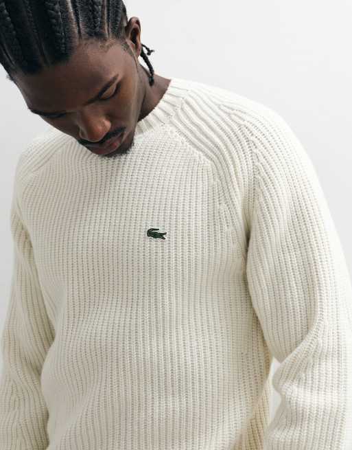Lacoste thick rib knit jumper in white, 4 of 5