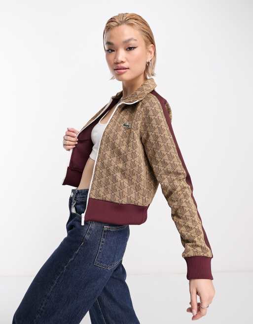 Lacoste track top in brown with all over print