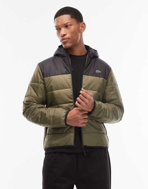 Lacoste two tone puffer jacket in black & olive - view 1