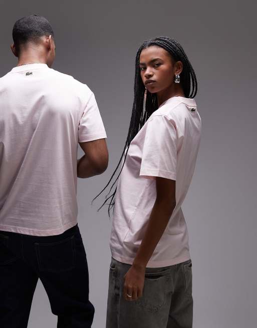 Lacoste unisex relaxed fit t-shirt in pink with central small logo print, 4 of 4