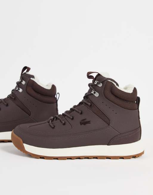 Lacoste urban breaker hi top sneakers in dark brown/off white
