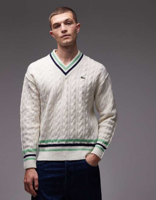 Lacoste v neck cable knit sweater in white