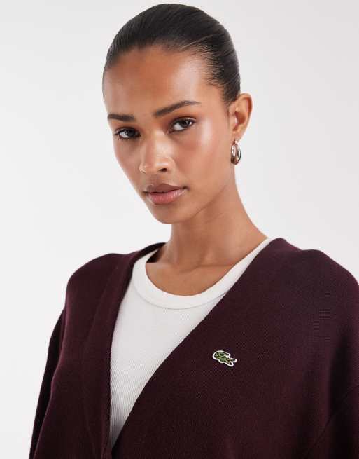 Lacoste V neck cardigan in burgundy, 2 of 4