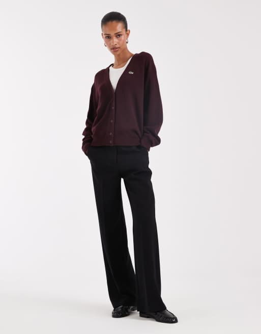 Lacoste V neck cardigan in burgundy, 3 of 4