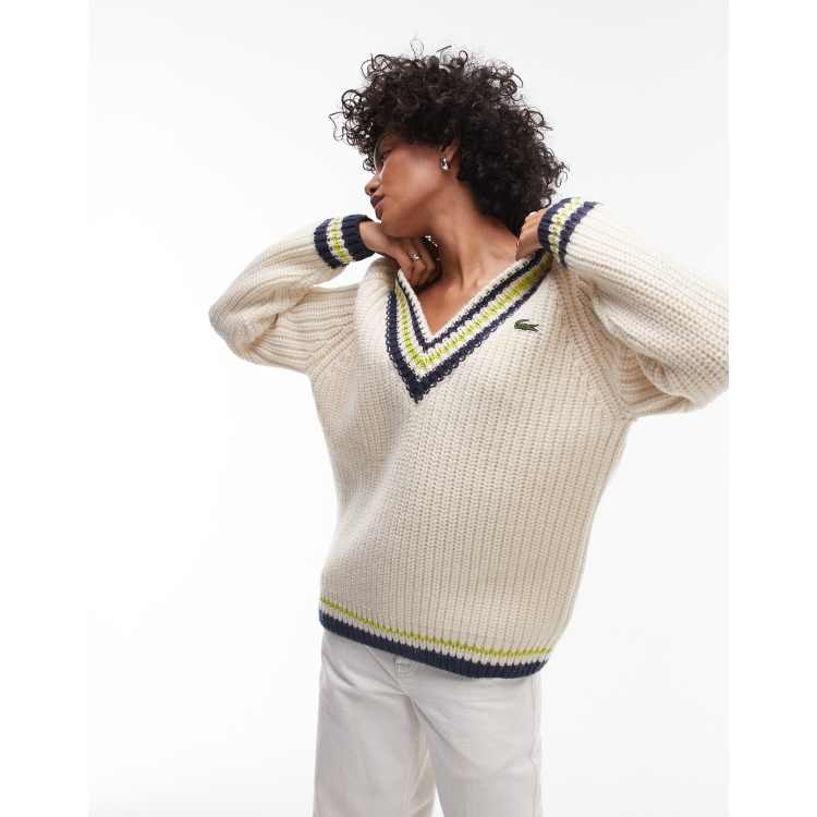 Lacoste v neck stripe jumper in cream ASOS