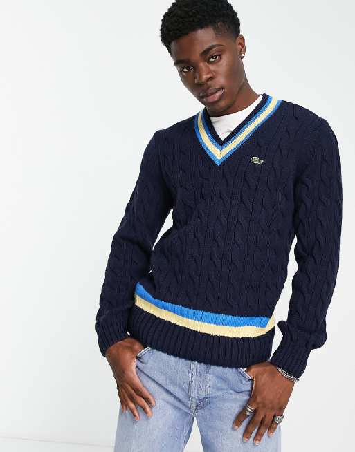 Lacoste v neck stripe jumper in navy