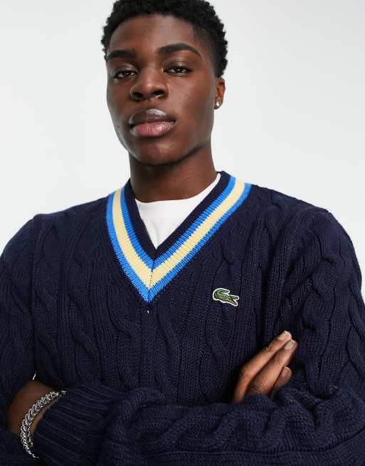 Lacoste v neck stripe sweater in navy