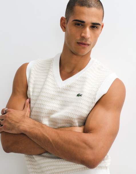 Lacoste V neck stripe sweater vest in cream - view 1