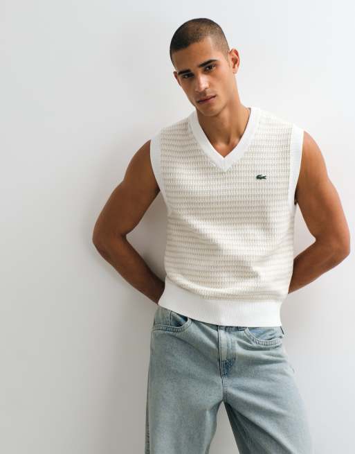 Lacoste V neck stripe sweater vest in cream, 2 of 5