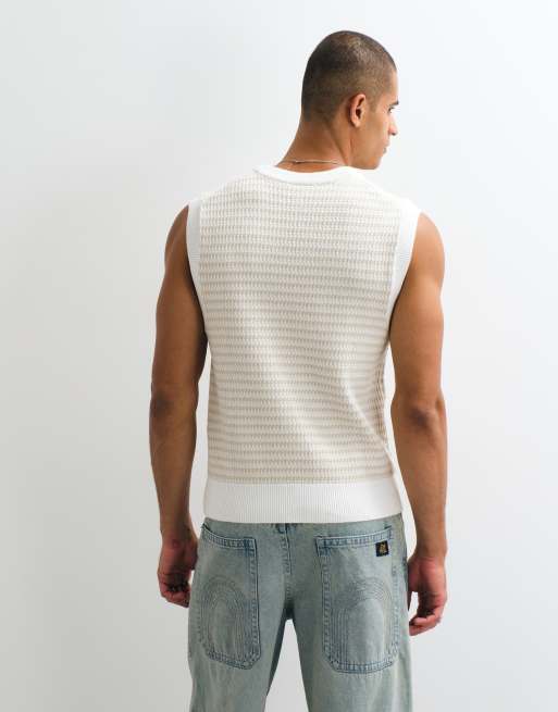 Lacoste V neck stripe sweater vest in cream, 4 of 5