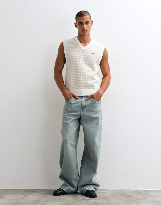 Lacoste V neck stripe sweater vest in cream, 5 of 5