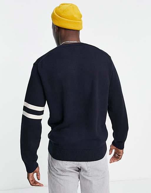 Designer Brands Lacoste varsity logo crew neck knit jumper in navy 