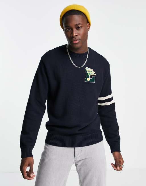 Lacoste varsity logo crew neck knit sweater in navy