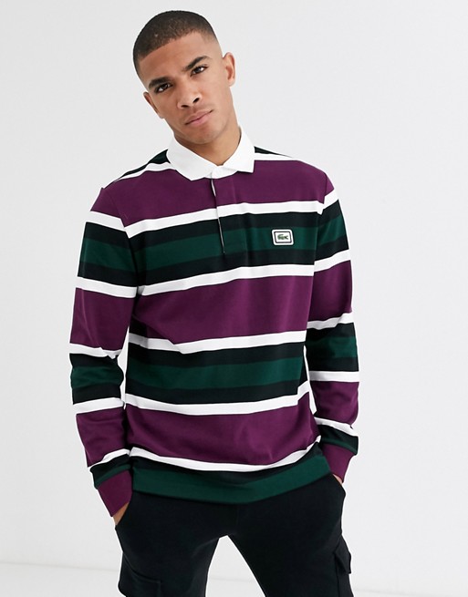 Lacoste vintage logo rugby stripe polo in purple and green