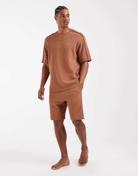 Lacoste waffle t-shirt and shorts set in brown - view 1