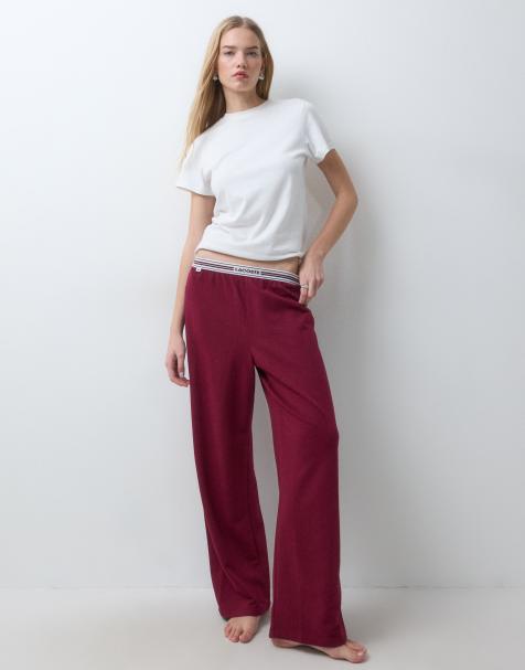 Lacoste wide leg stripe waist lounge pants in burgundy - view 1