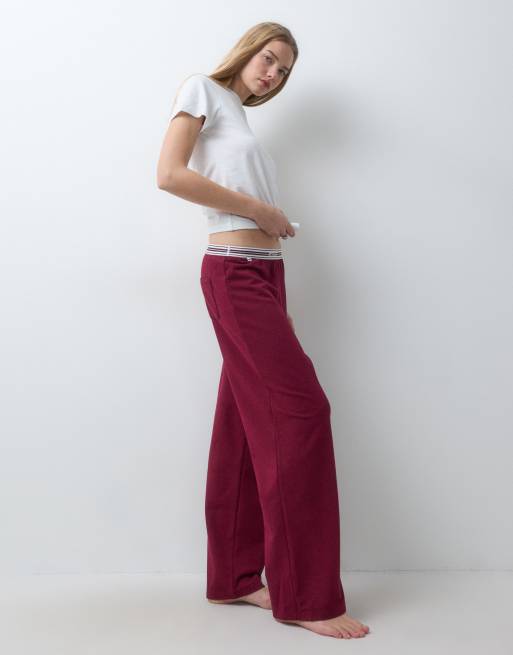 Lacoste wide leg stripe waist lounge pants in burgundy , 3 of 5
