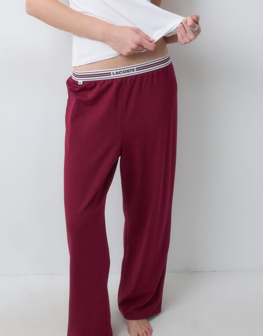 Lacoste wide leg stripe waist lounge pants in burgundy , 4 of 5
