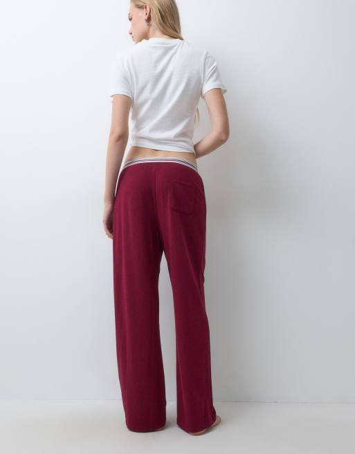 Lacoste wide leg stripe waist lounge pants in burgundy , 5 of 5