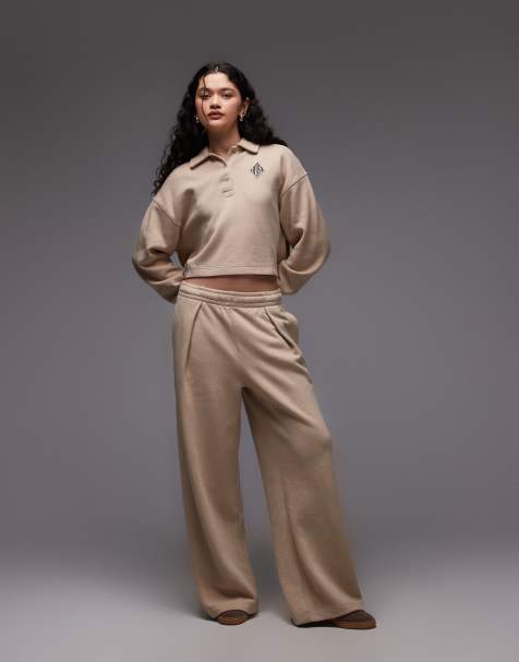 Lacoste wide leg sweatpants and polo set in beige - view 1