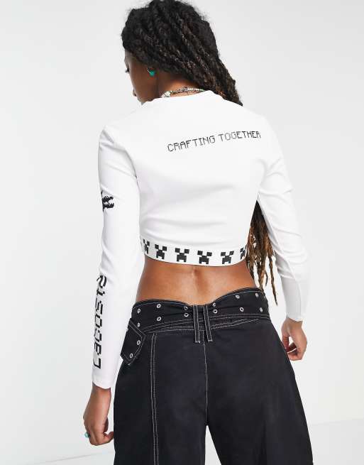 Lacoste x Minecraft graphic crop top with long sleeve in white