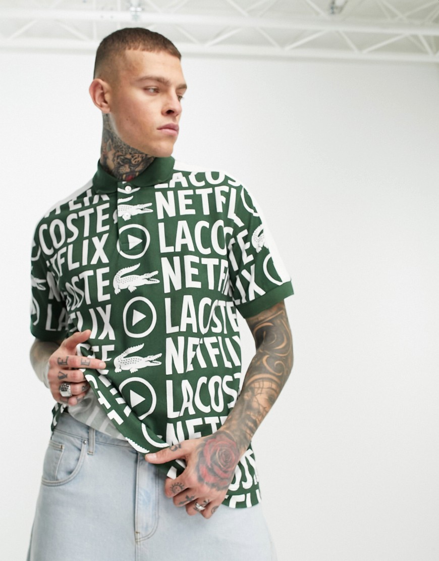 Lacoste x Netflix loose fit polo shirt in green with all over logo