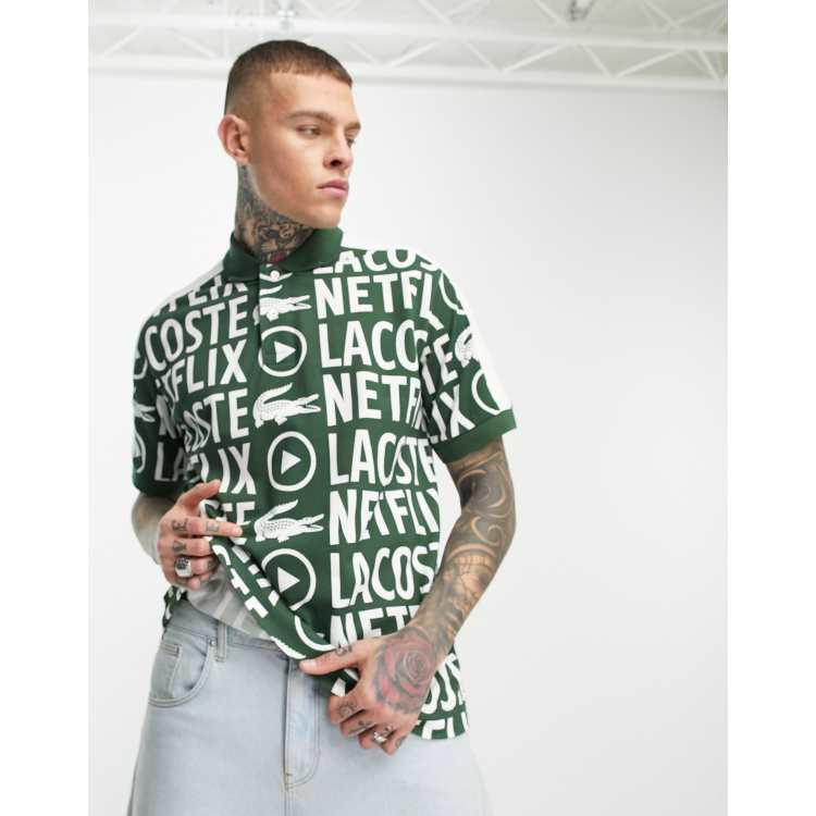 Lacoste x Netflix loose fit polo shirt in green with all over logo