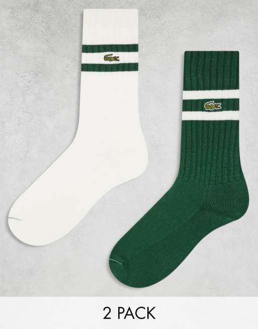 Lacoste – Zestaw 2 par biało-zielonych skarpetek do kostki z kontrastowym wykończeniem 